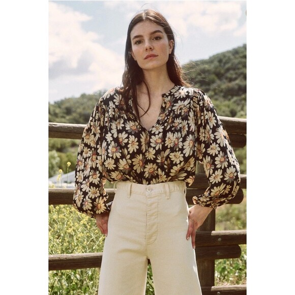 The Great. Tale Blouse Top Floral Printed Smocked Balloon Sleeve S-1 NEW 279867